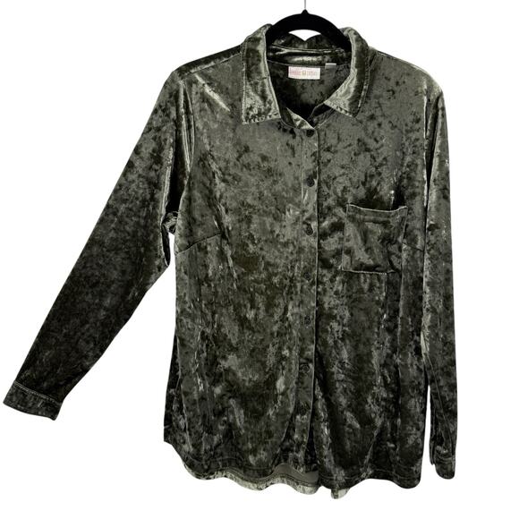 Belle By Kim Gravel L Velour Button Up Shirt Women Large Long Sleeve Sage Green - Picture 1 of 11